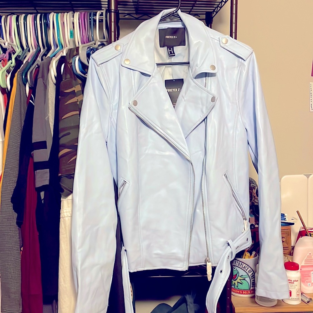 Forever21 Plus faux leather baby blue Moto jacket. NWT